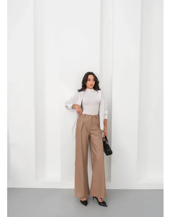 Deri geniş paça beli lastikli pantolon bej h263644