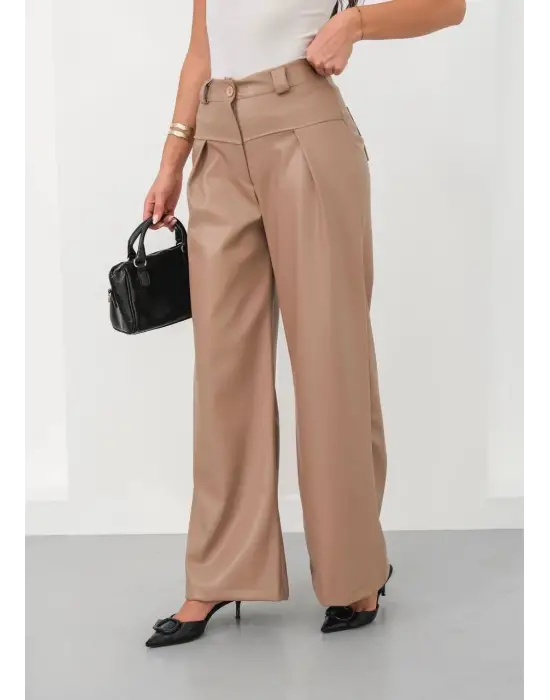 Deri geniş paça beli lastikli pantolon bej h263644