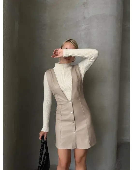 Omarı Deri Jile Elbise Bej, Şık ve Trendy Stil için Ideal Seçim