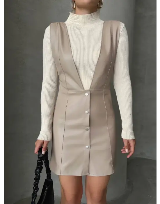 Omarı Deri Jile Elbise Bej, Şık ve Trendy Stil için Ideal Seçim