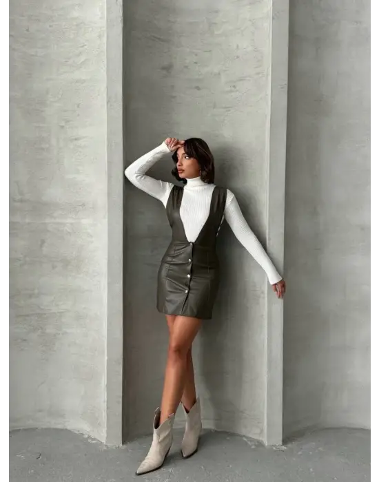 Omarı Zarif Deri Jile Elbise Haki