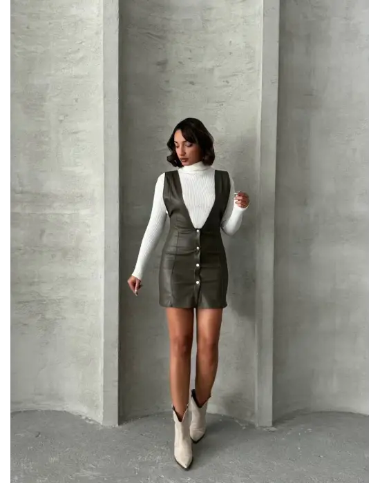 Deri jile elbise haki w24796