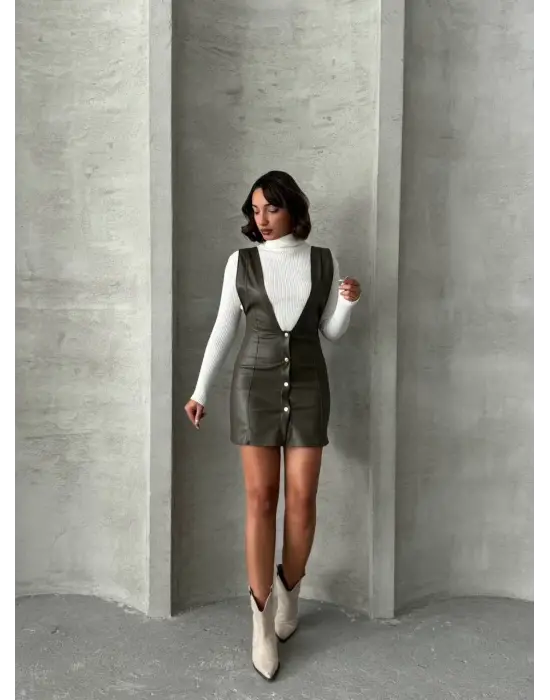 Omarı Zarif Deri Jile Elbise Haki