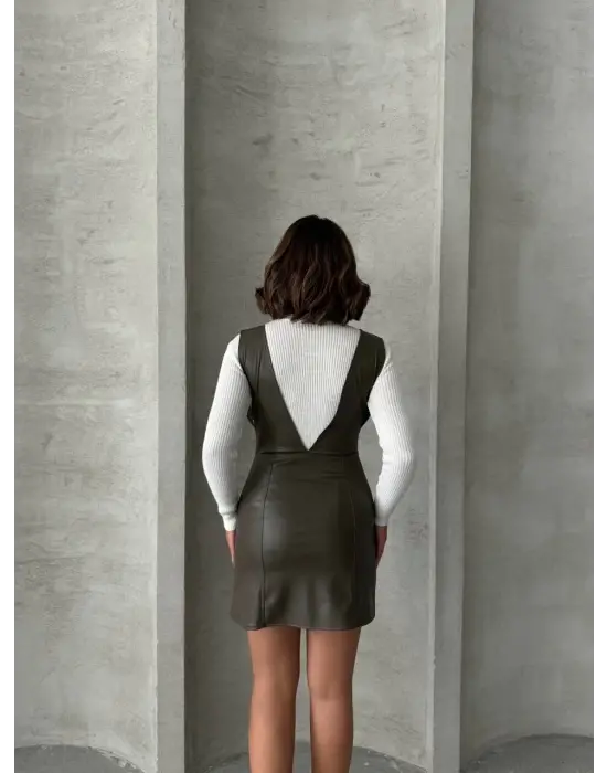 Deri jile elbise haki w24796