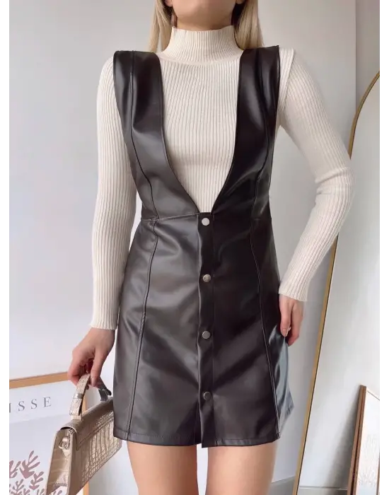 Omarı Eğlenceli ve Şık Kahve Deri Jile Elbise