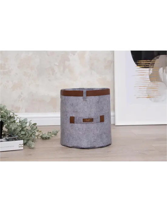 Omarı Deri Şeritli Yuvarlak Organizer Kutu Keçe Sepet