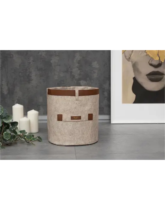 Omarı Deri Şeritli Yuvarlak Organizer Kutu Keçe Sepet