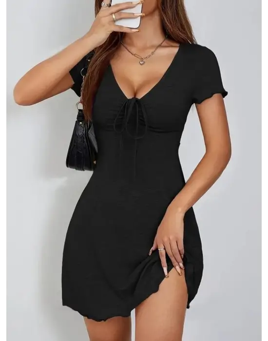 Omarı Derin V Yakalı Kısa Kollu Kadın Elbisesi