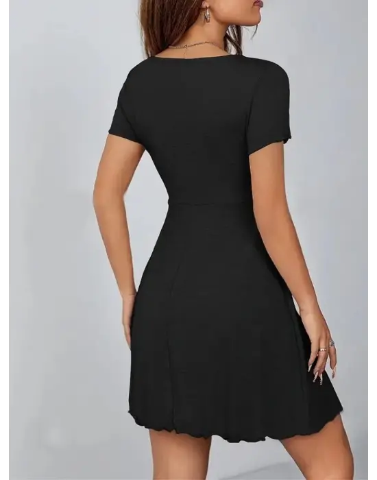 Omarı Derin V Yakalı Kısa Kollu Kadın Elbisesi