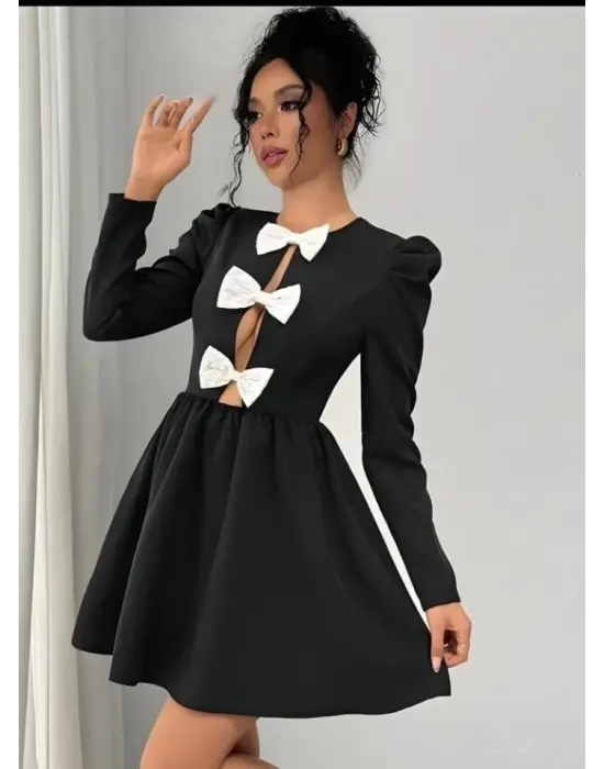 Omarı Zarif Fiyonk Detaylı Uzun Kollu Mini Boy Elbise