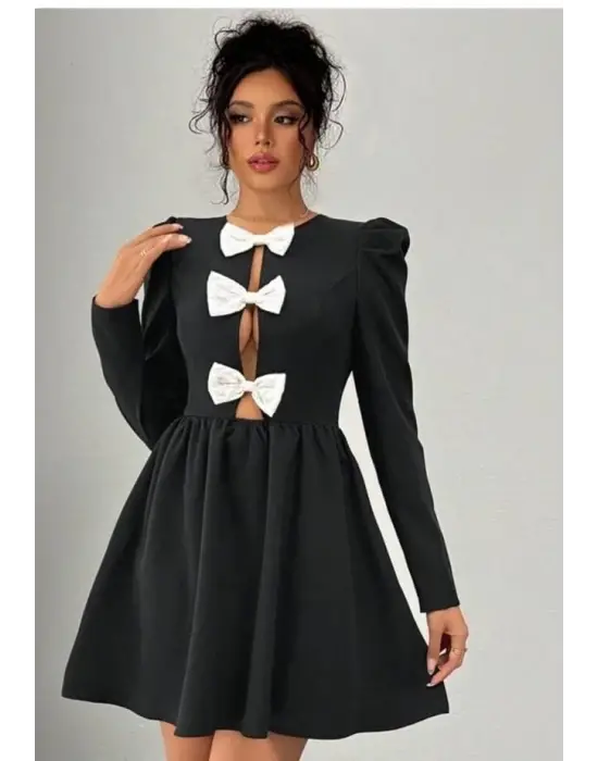 Omarı Zarif Fiyonk Detaylı Uzun Kollu Mini Boy Elbise