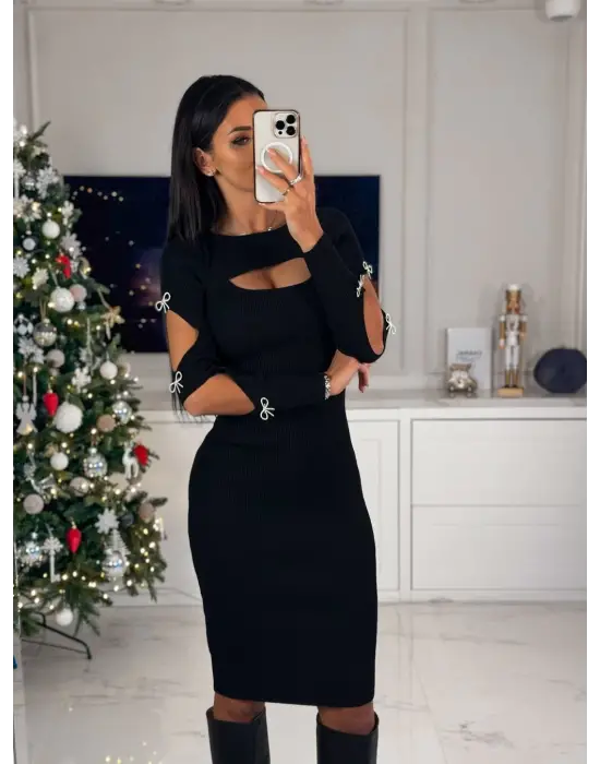 Omarı Etkileyici Kadın Dekolte Detaylı Taşlı Elbise