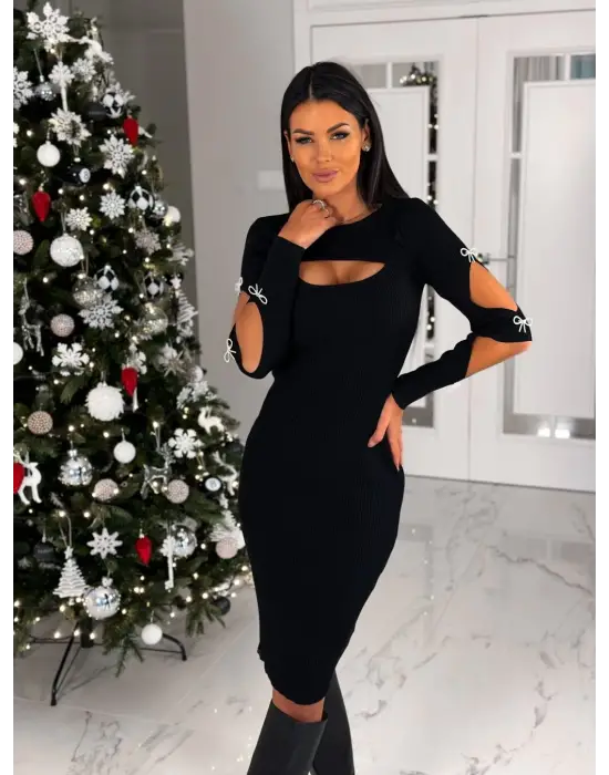 Omarı Etkileyici Kadın Dekolte Detaylı Taşlı Elbise