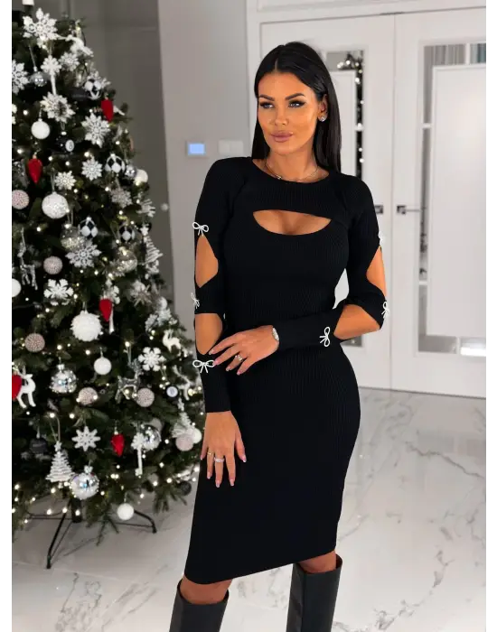 Omarı Etkileyici Kadın Dekolte Detaylı Taşlı Elbise