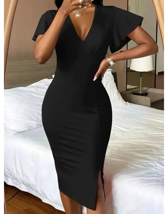 Omarı Derin Dekolte V Yakalı Yırtmaçlı Kadın Midi Elbise