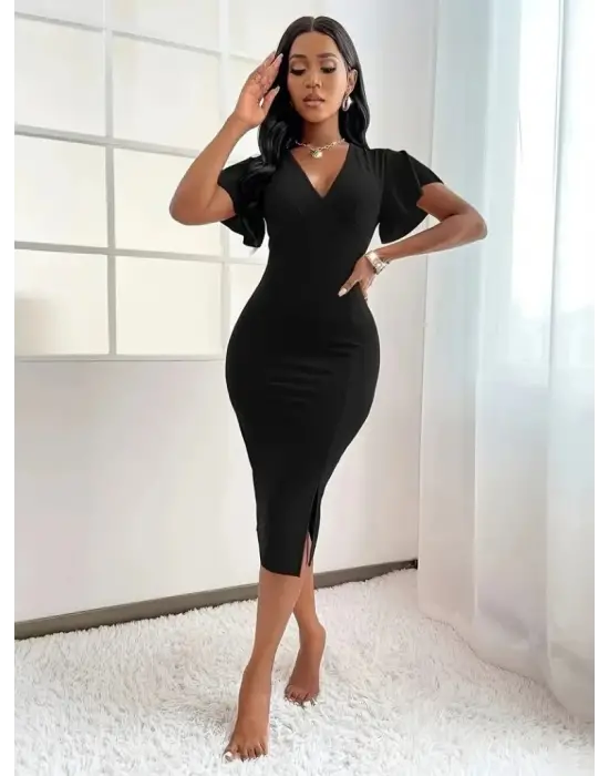 Omarı Derin Dekolte V Yakalı Yırtmaçlı Kadın Midi Elbise