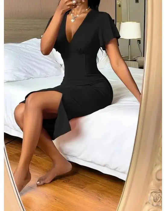 Omarı Derin Dekolte V Yakalı Yırtmaçlı Kadın Midi Elbise