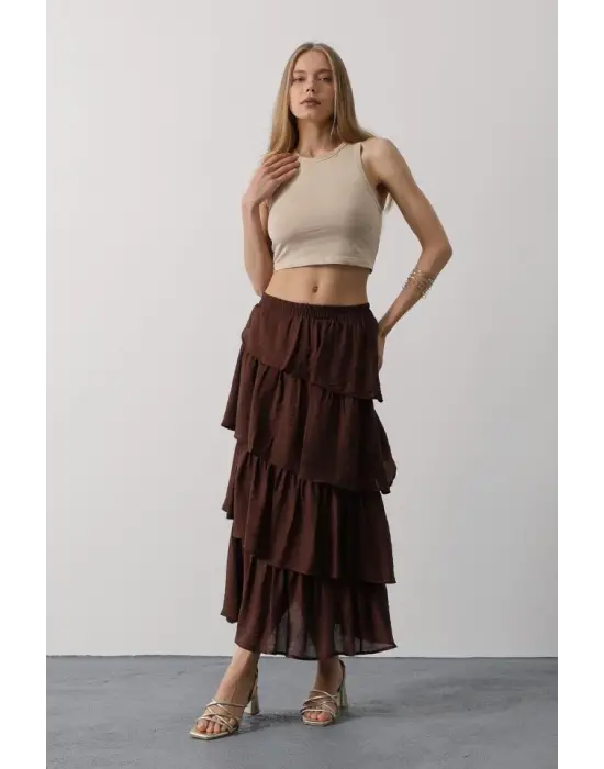 Omarı Modern Katlı Kesim Kahve Uzun Etek
