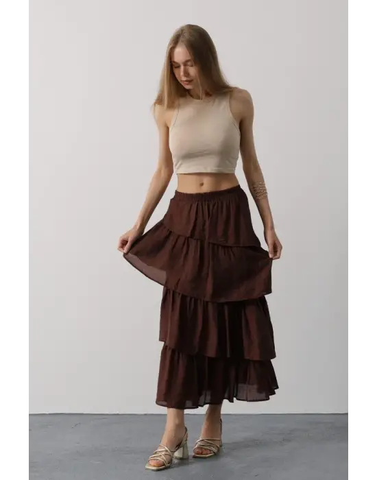 Omarı Modern Katlı Kesim Kahve Uzun Etek