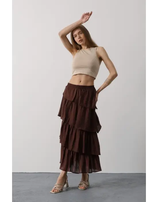 Omarı Modern Katlı Kesim Kahve Uzun Etek