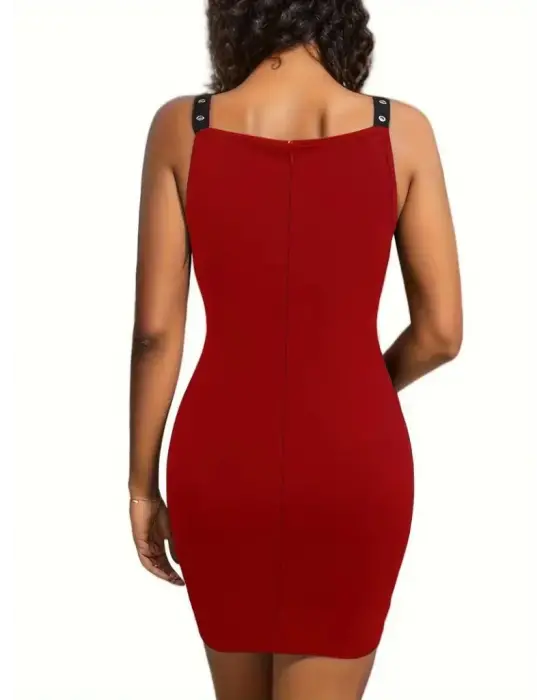 Omarı Derin V Yakalı Kadın Askılı Krep Elbise