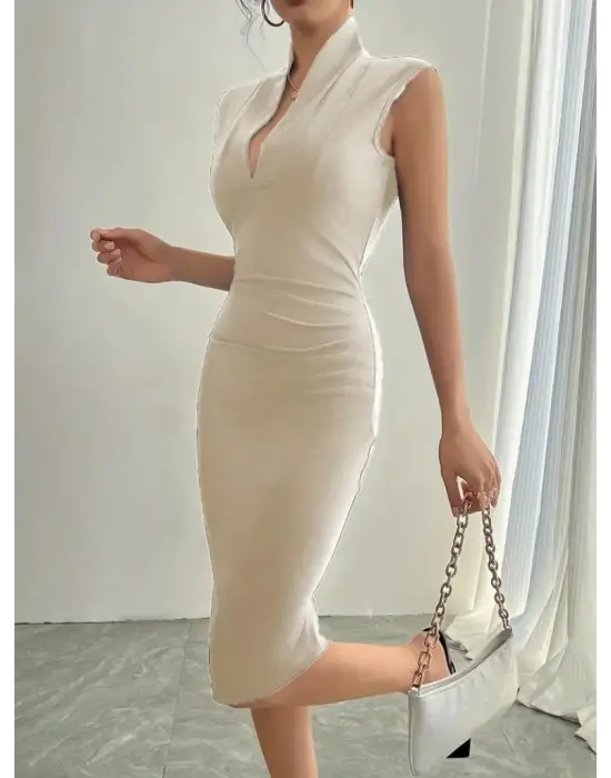 Omarı Derin V Yakalı Kadın Krep Elbise