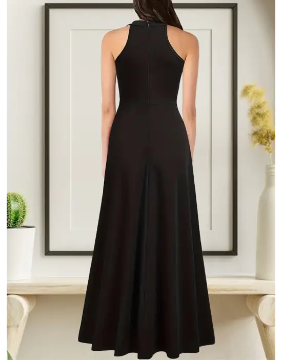 Omarı Derin Yırtmaç Detaylı Tam Boy Kadın Krep Abiye Elbise