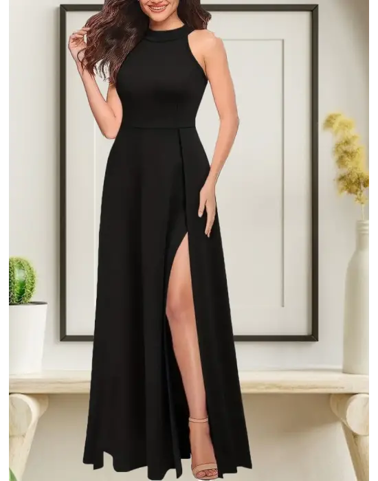 Omarı Derin Yırtmaç Detaylı Tam Boy Kadın Krep Abiye Elbise