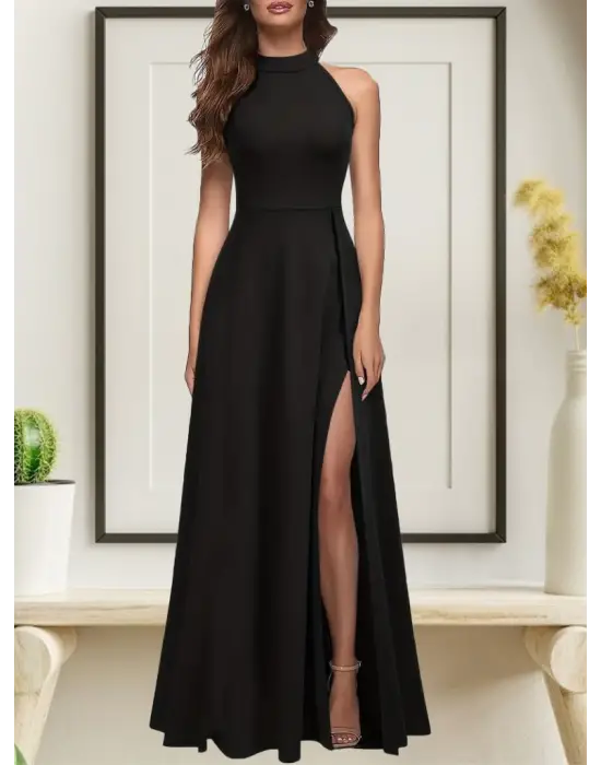 Omarı Derin Yırtmaç Detaylı Tam Boy Kadın Krep Abiye Elbise