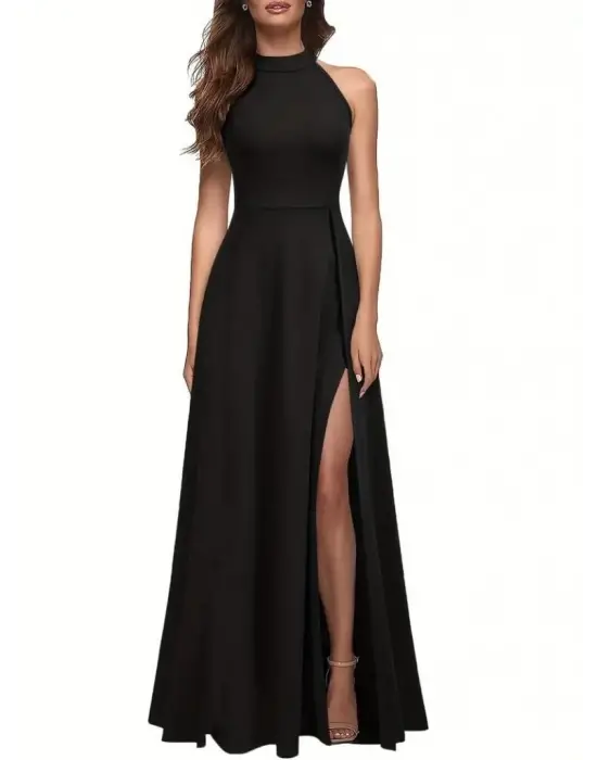 Omarı Derin Yırtmaç Detaylı Tam Boy Kadın Krep Abiye Elbise