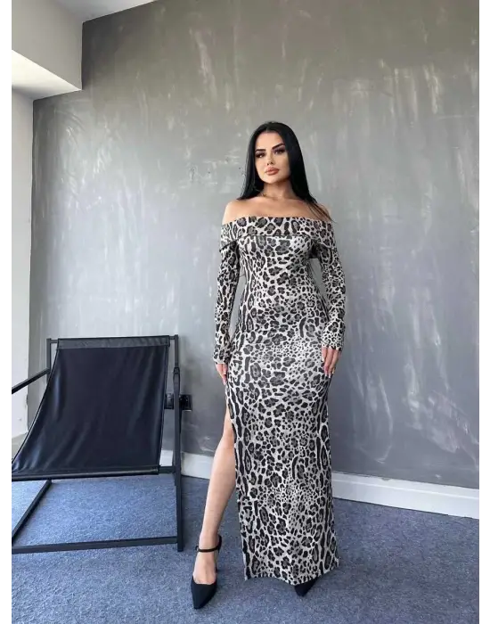 Omarı Leopar Desenli Maxi Boy Derin Yırtmaçlı Elbise