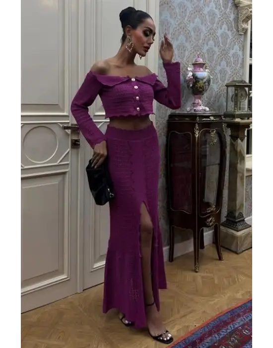 Omarı Derin Yırtmaçlı Şık Triko Takım