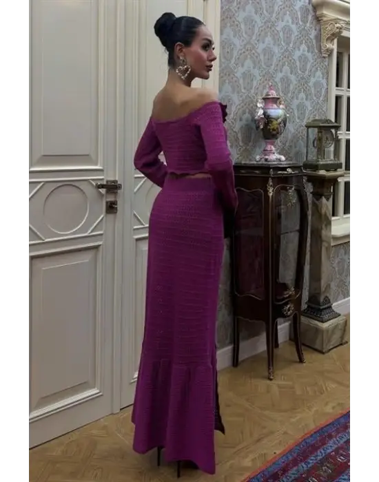 Omarı Derin Yırtmaçlı Şık Triko Takım