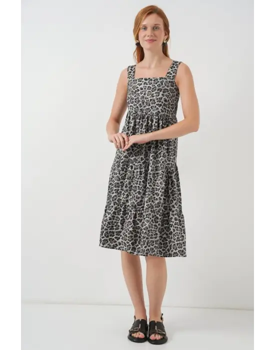 Desenli Askılı Midi Elbise 2577 - Antrasit