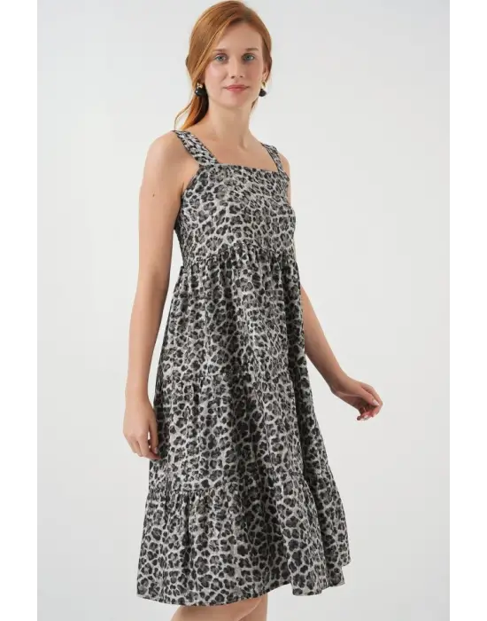 Desenli Askılı Midi Elbise 2577 - Antrasit