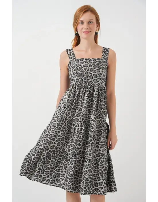 Desenli Askılı Midi Elbise 2577 - Antrasit