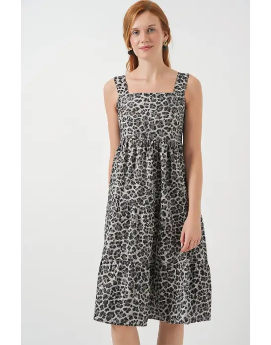 Desenli Askılı Midi Elbise 2577 - Antrasit