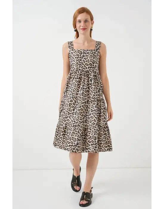 Desenli Askılı Midi Elbise 2577 - C. Kahverengi