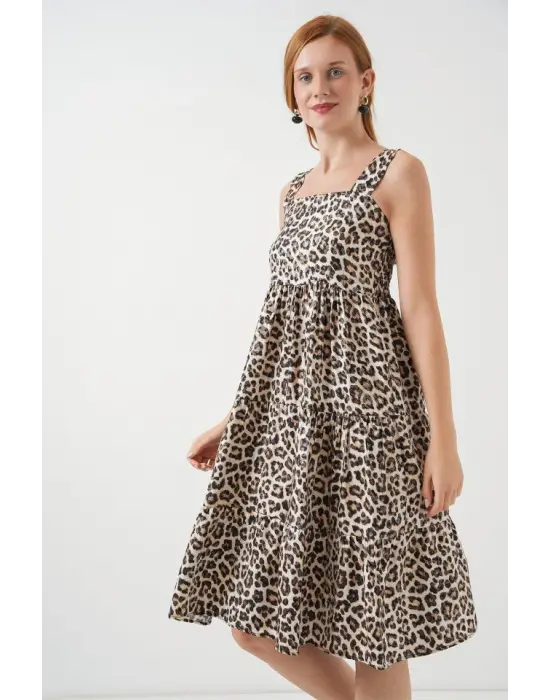 Desenli Askılı Midi Elbise 2577 - C. Kahverengi