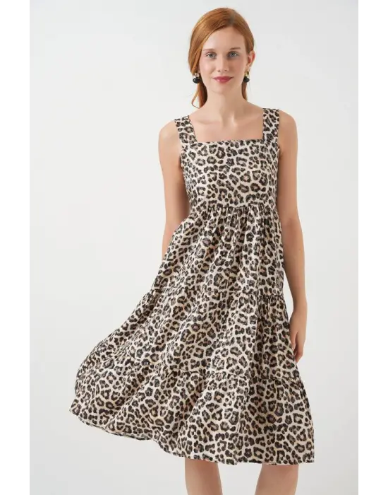 Desenli Askılı Midi Elbise 2577 - C. Kahverengi