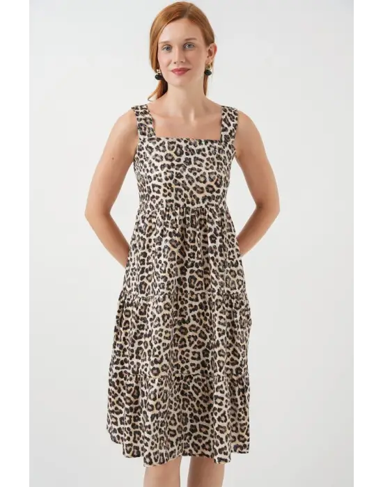 Desenli Askılı Midi Elbise 2577 - C. Kahverengi