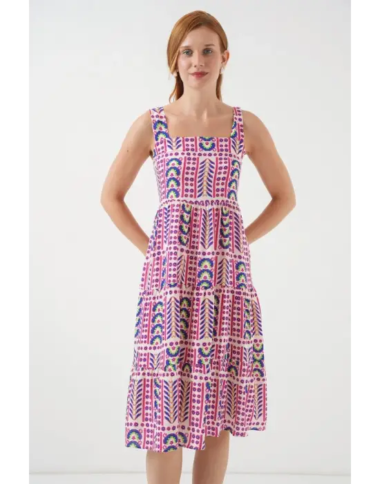 Desenli Askılı Midi Elbise 2577 - Fuşya