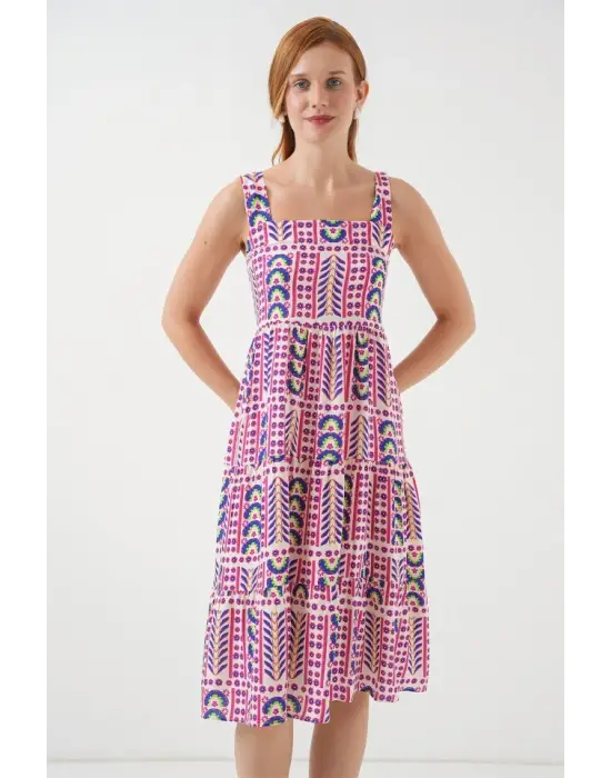 Desenli Askılı Midi Elbise 2577 - Fuşya