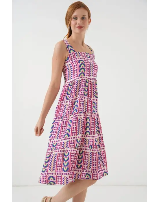 Desenli Askılı Midi Elbise 2577 - Fuşya