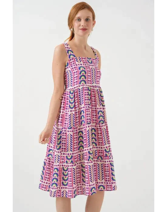 Desenli Askılı Midi Elbise 2577 - Fuşya