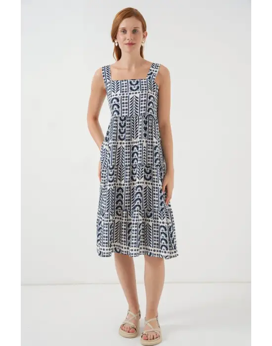 Desenli Askılı Midi Elbise 2577 - Krem