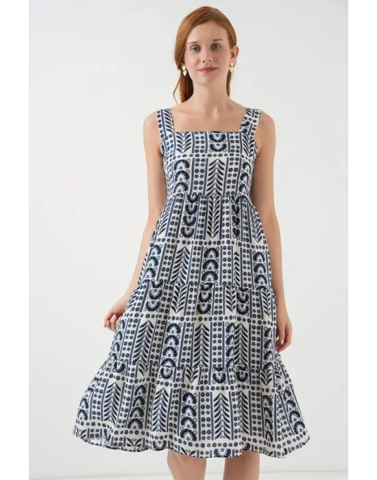 Desenli Askılı Midi Elbise 2577 - Krem