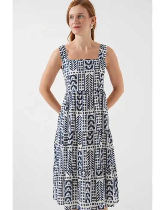 Desenli Askılı Midi Elbise 2577 - Krem