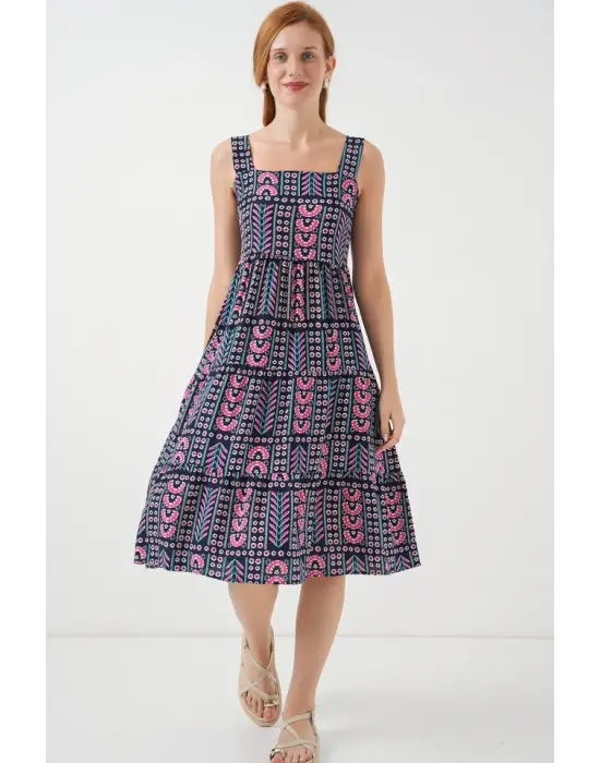 Desenli Askılı Midi Elbise 2577 - Lacivert