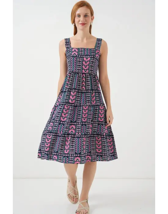 Desenli Askılı Midi Elbise 2577 - Lacivert